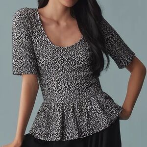 Anthropologie Maeve Peplum Scoop Neck Tank Top Leopard Animal Black